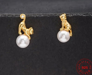 18k Gold Plated Sterling Silver & Pearl Cat Stud Earrings-Furbaby Friends Gifts