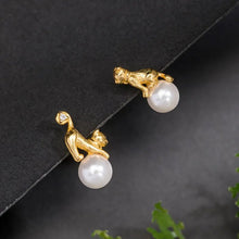 Load image into Gallery viewer, 18k Gold Plated Sterling Silver &amp; Pearl Cat Stud Earrings-Furbaby Friends Gifts
