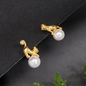 18k Gold Plated Sterling Silver & Pearl Cat Stud Earrings-Furbaby Friends Gifts