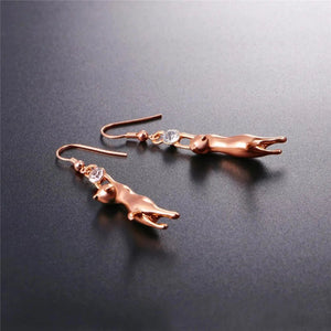 18K Gold & Platinum Plated Playing Cat Drop Earrings-Furbaby Friends Gifts
