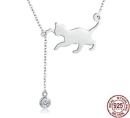 925 Sterling Silver & Crystal Playful Cat Pendant Necklace-Furbaby Friends Gifts