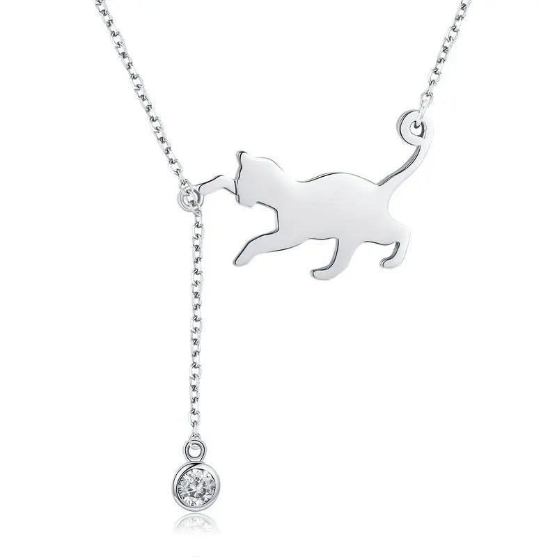 925 Sterling Silver & Crystal Playful Cat Pendant Necklace-Furbaby Friends Gifts