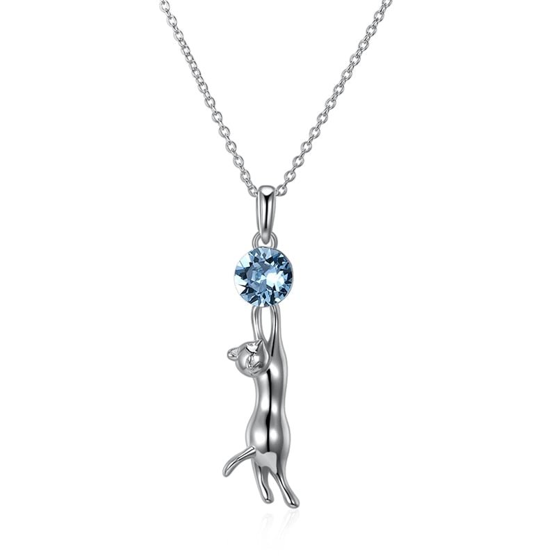 Blue Crystal & Silver Cat Pendant Necklace-Furbaby Friends Gifts