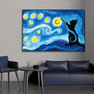 Cats in Starry Nights Van Gogh Style Canvas Oil Poster Prints-Furbaby Friends Gifts