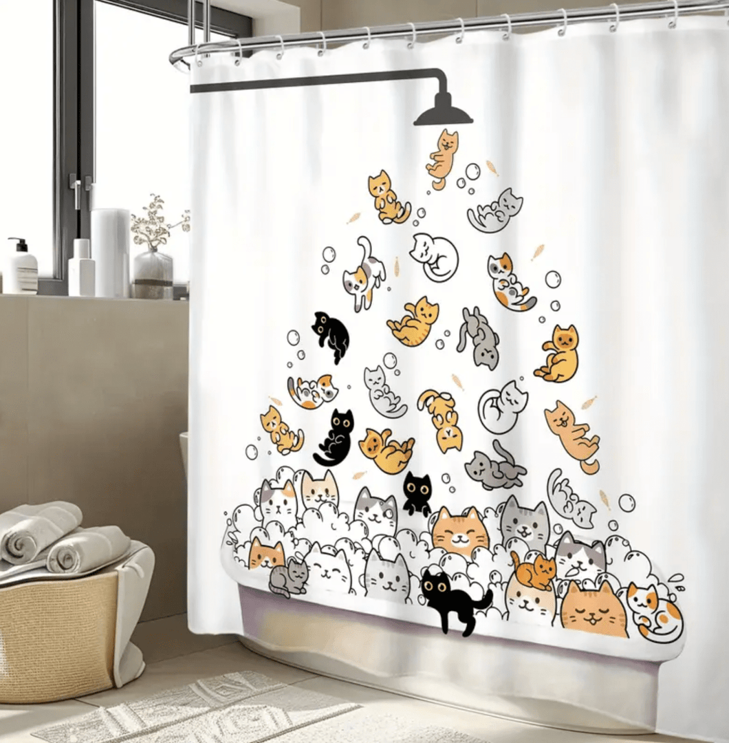 It's Raining Cats! Cute Cat Printed Shower Curtain with Hooks-Furbaby Friends Gifts