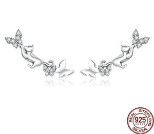 Silver Cat & Butterflies Earrings-Furbaby Friends Gifts