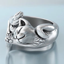 Laden Sie das Bild in den Galerie-Viewer, Sleepy Kitty Platinum Plated Silver Ring-Furbaby Friends Gifts