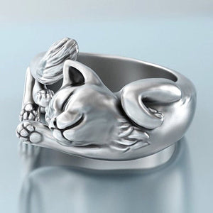 Sleepy Kitty Platinum Plated Silver Ring-Furbaby Friends Gifts