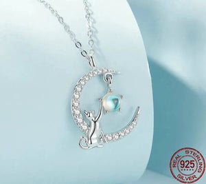Sterling Silver Cat & Moon Pendant Necklace-Furbaby Friends Gifts