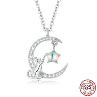 Sterling Silver Cat & Moon Pendant Necklace-Furbaby Friends Gifts