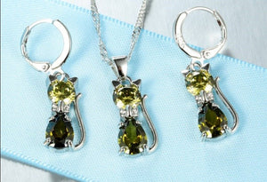 Sterling Silver Crystal Cat Pendant & Earring Set-Furbaby Friends Gifts