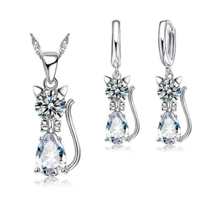 Sterling Silver Crystal Cat Pendant & Earring Set-Furbaby Friends Gifts