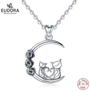 Sterling Silver 'Moon & Back' Cat Pendant Necklace-Furbaby Friends Gifts