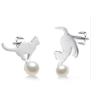 Sterling Silver Pearl Cat Earrings-Furbaby Friends Gifts