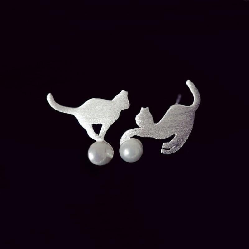 Sterling Silver Pearl Cat Earrings-Furbaby Friends Gifts