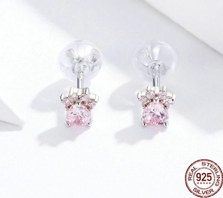 Sterling Silver & Pink Cubic Zirconia Paw Stud Earrings-Furbaby Friends Gifts