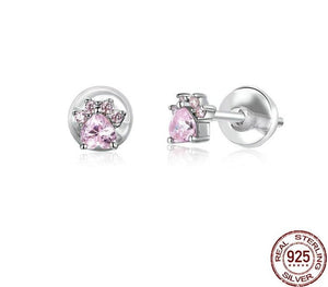 Sterling Silver & Pink Cubic Zirconia Paw Stud Earrings-Furbaby Friends Gifts